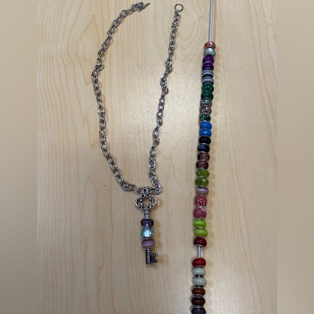 Silver Key Pendant Necklace with Colorful Beaded Stick